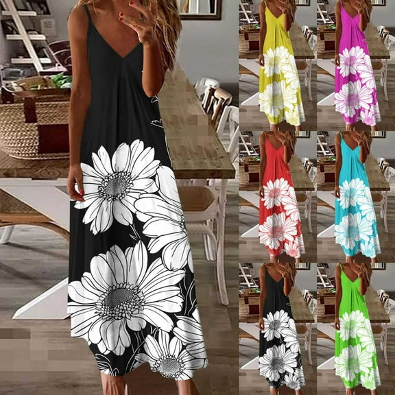 Sentmoon Womens Dress Sleeveless V Neck Spring Dresses for Women 2025 Flower Print Spaghetti Strap Work Dress Summer Lightweight for City Sightseeing Green XL