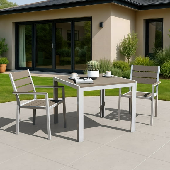 CorLiving Gallant 3-Piece Aluminum and Poly-Wood Outdoor Dining Set with Square Table and 2 Chairs, Silver Grey/Taupe