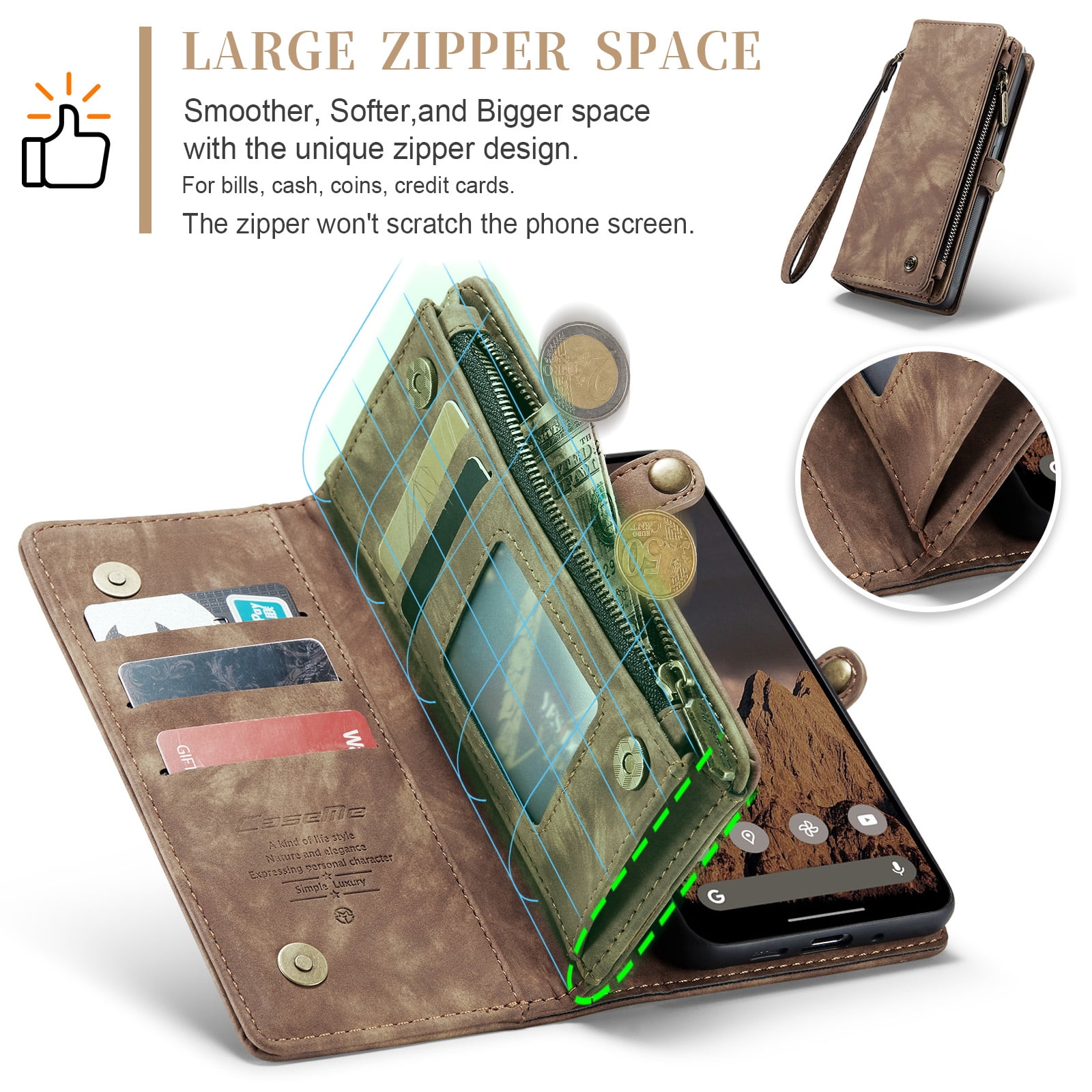Feishell Durable 2- In-1 Magnetic Detachable Wallet Case for iPhone 16,for Women Men,Premium PU Leather Zipper Pocket Flip Multi Card Slots Purse Phone Case with Wrist Strap,Darkbrown