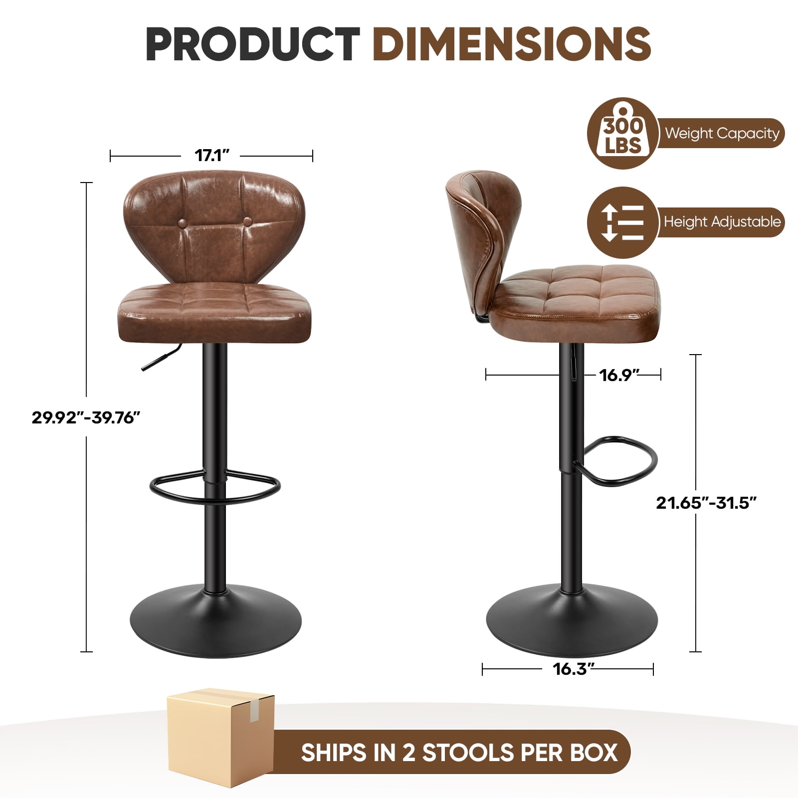 Hawsaiy Vintage Style Leather Bar Stool Set of 2 with Button-Tufted Design,Brown