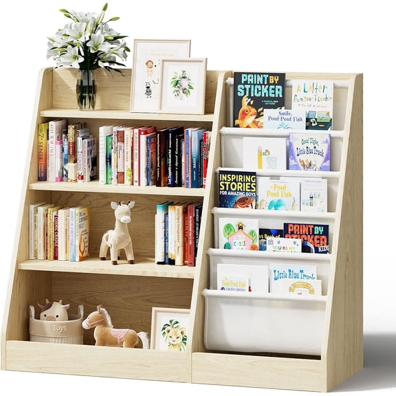 4 Tier Kids Wooden Bookshelf,Five Layer Sling Children Bookcase,Baby Storage Book Rack,Book and Toy Organizer Cabinet Chest,Book Display Shelf,Playroom Nursery Classroom Library