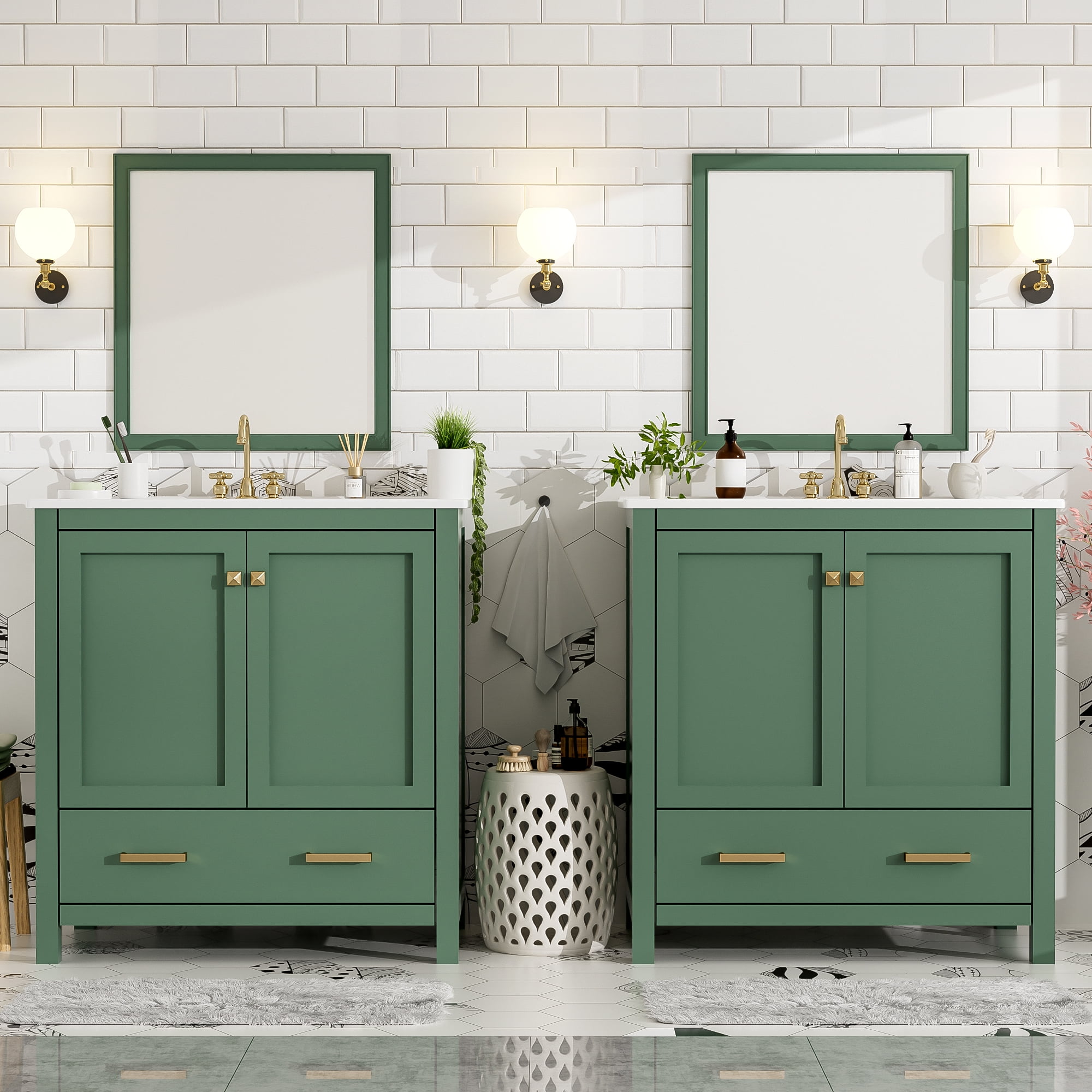 Euroco 60" Green Bathroom Vanity Set with Double Vanities (Separate), Double Ceramic Sinks, Storage Shelf, and Divided Drawers (Mirror not included)– Modern Bathroom Solution for Spacious Bathrooms