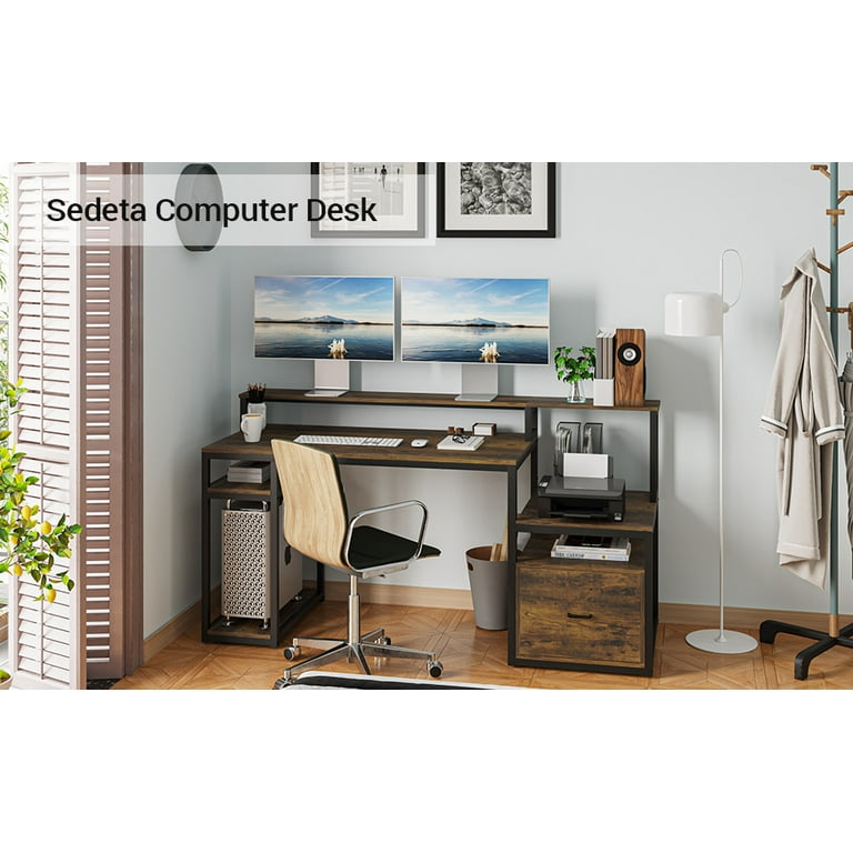 ATHMILE 59.06 in. Teak Home Office Computer Desk with Hutch, Brown