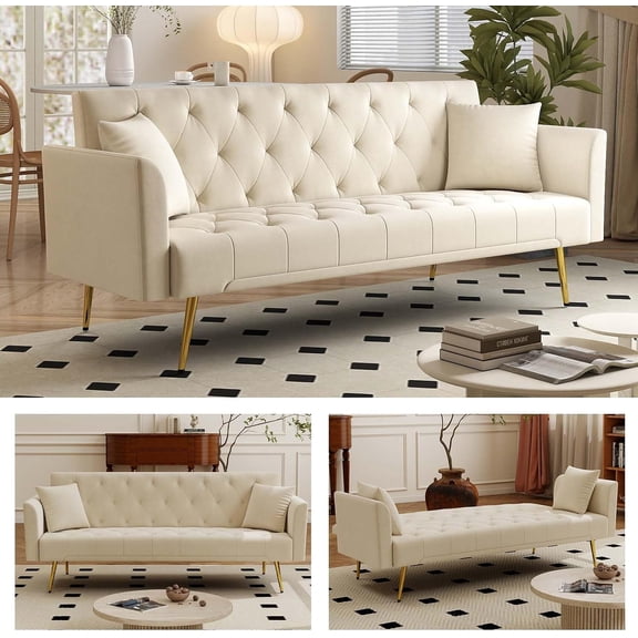 LJAN 72" Futon Sofa Bed, Convertible Sleeper Couch, Modern Velvet Tufted Loveseat with Adjustable Backrests, Gold Legs & 2 Pillows, Small Couches for Living Room Bedroom Office,Adjustable Backrest