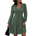 thumbnail image 2 of Women's Fashion Casual V-Neck A-Line Fit Solid Color Long Sleeve Dress for Winter Outings and Casual Events,Dark Green,L, 2 of 9