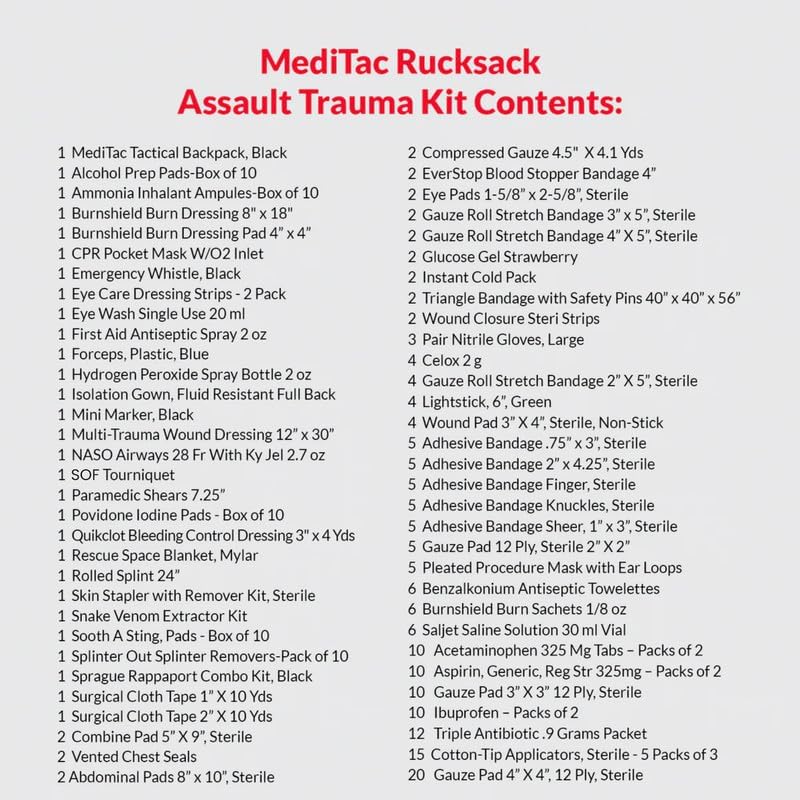 MEDITAC Rucksack Trauma Kit Feat. Tight Bandage, Chest Seal, Israeli Bandage and Gauze Dressing – Red