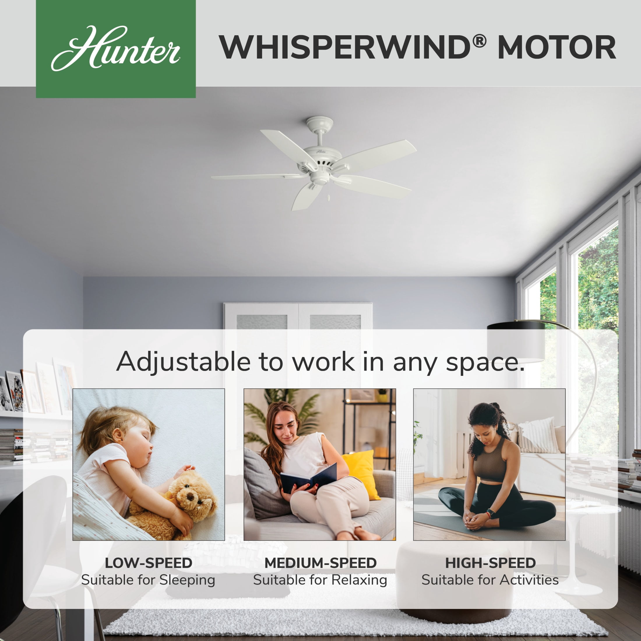 Hunter 52 inch Indoor Ceiling Fan No Light with Pull Chain - White Ceiling Fan without Light, Standard Mount, 5 Blades, For Bedroom, Living Room, or Kitchen, Quiet - Newsome 53319, Fresh White