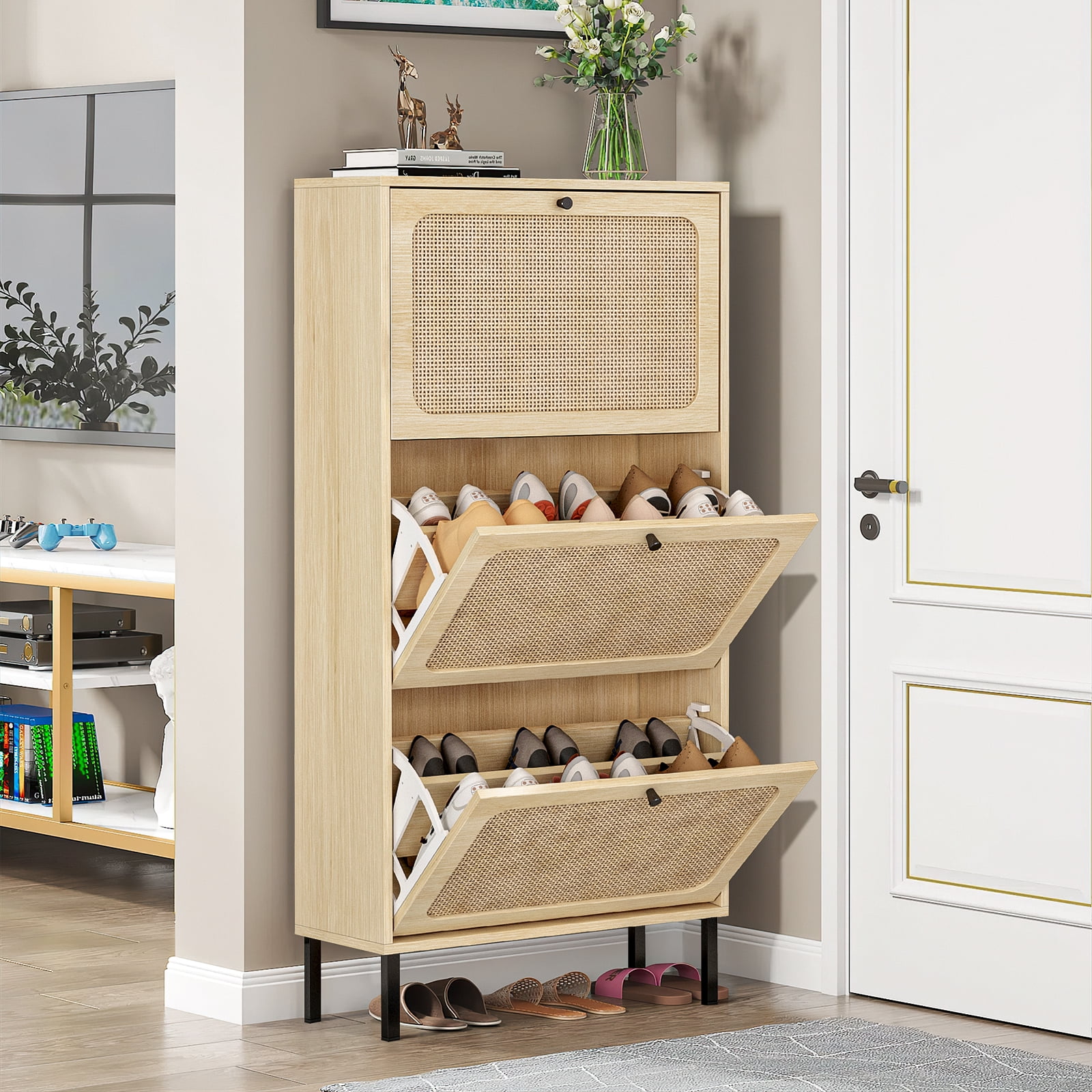 Sweiko Wooden Shoe Storage with 3 Flip Drawers for Entryway