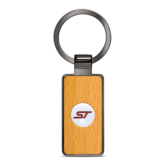 iPick Image for Ford ST Roundel Logo in White on Maple Wood Gray Gunmetal Metal Case Key Chain, Official Licensed