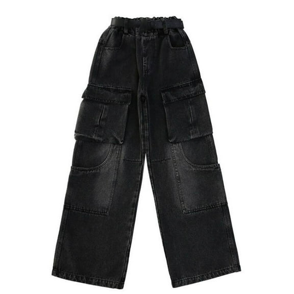 KAUOD Girls Wide Leg Baggy Jeans, Elastic Waist Cargo Pants for Children, Loose Straight Denim Streetwear Pants with Pockets
