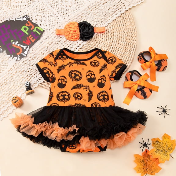 FASHOFT Baby Halloween Costumes Cartoon Pumpkin Skull Print Romper Dress And Shoes 3 Piece Set Unisex Baby Party Outfit Cute Holiday Wear Newborn Halloween Costume G 0-3 Months