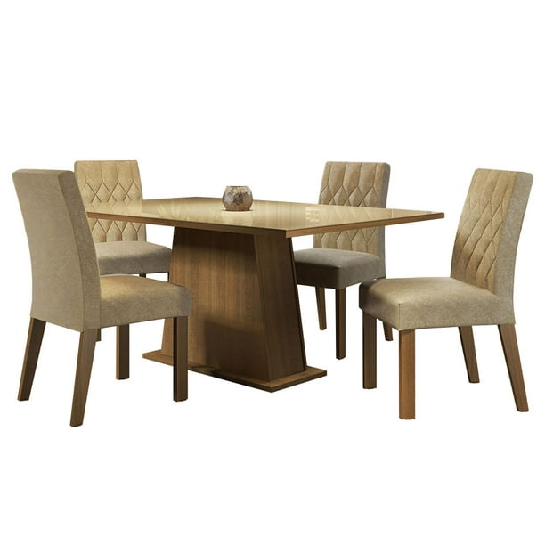 Conjunto Comedor Madesa Mesa Cristal 4 Sillas Aryeli - Marrón/Crema/Imperial