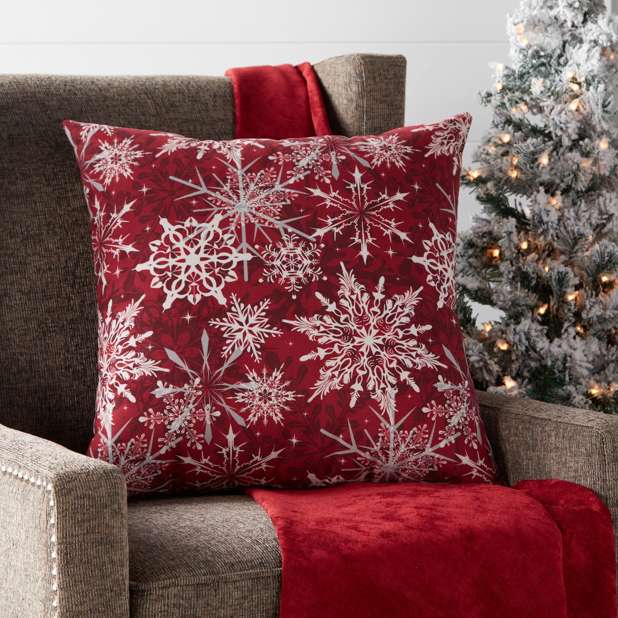 Greendale Home Fashions Snowflakes Christmas Square Throw Pillow - 18" - Red and White