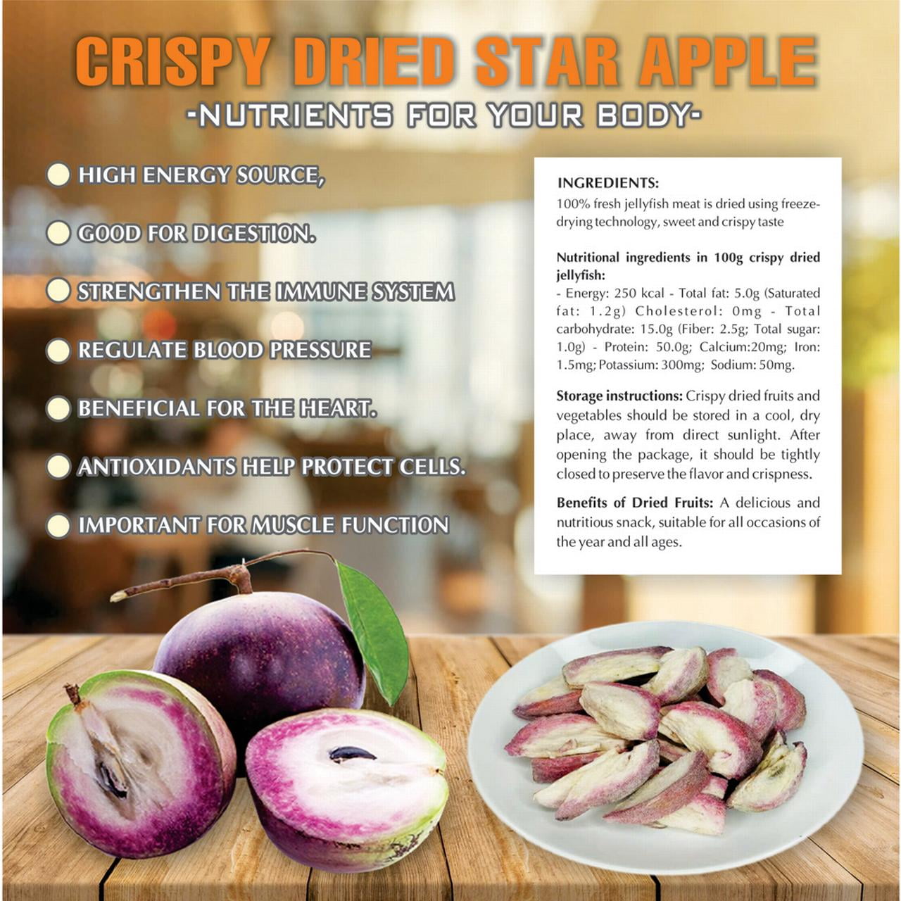 CRISPY DRIED STAR APPLE 2.47 oz (70g) VIETFARMFOOD: Freeze-dried, no sugar added, naturally sweet. Nutritious, pure, and crunchy. Great for snacking, toppings, desserts or healthy gifting