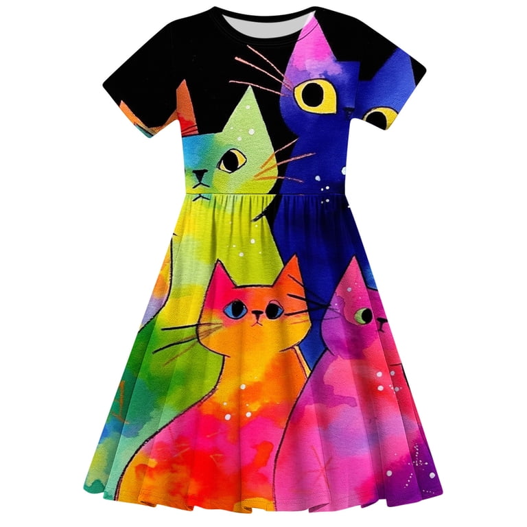 cute cat print dress Oksale Cute Cat Dress for Girls 4-14 Years Printed Dresses Funny Tie Dye Dress Casual Pleated Midi Dresses Soft Short Sleeve Sundress for Kids, Girl's