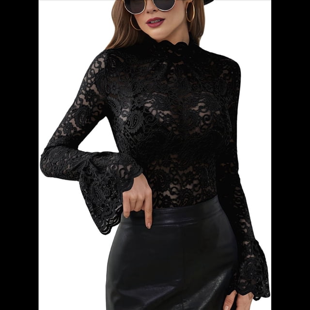 Blusa Elegante de Encaje Calado con Mangas Acampanadas para Mujer, para Fiesta, Moda 2025 Negro L