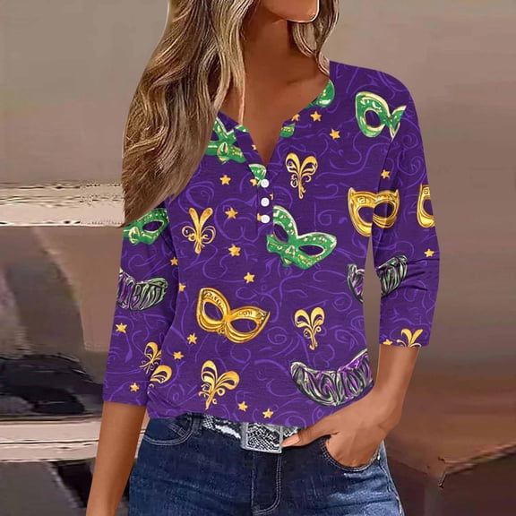 Ounisa Womens Funny Mardi Gras 3/4 Sleeve Sequins Mask Printed Shirts Tunics 2025 Trendy Holiday T-Shirts Carnival Tops