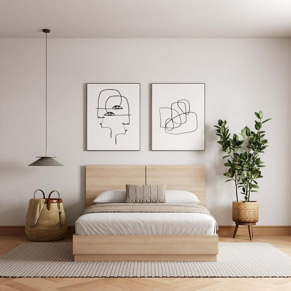 Nexera Milano Queen Platform Bed with Headboard, Natural Blonde Oak