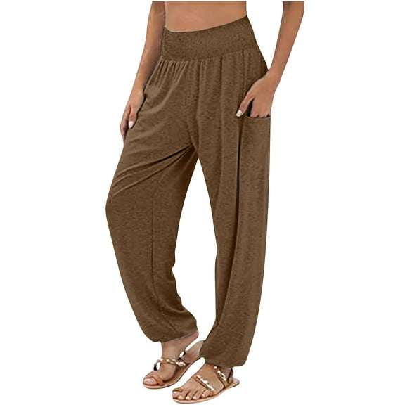USNSM Women's Harem Pants Solid Color Baggy Workout Hiking Pants High Waist Jogging Yoga Boho Trousers with Pockets Brown S