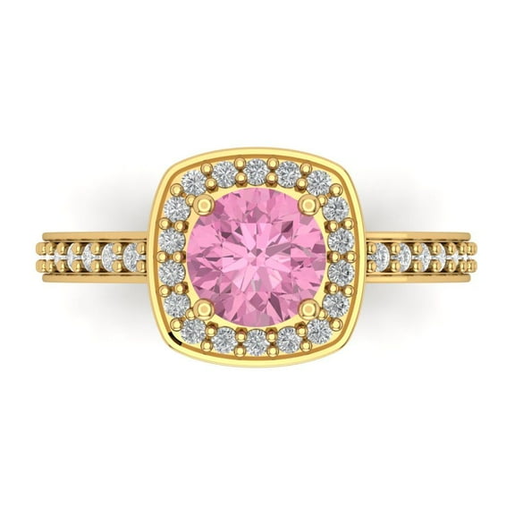 1.335 ct Round Cut Simulated Pink Diamond with Simulated Diamond Halo Accents 18K Yellow Gold Womens Engagement Ring