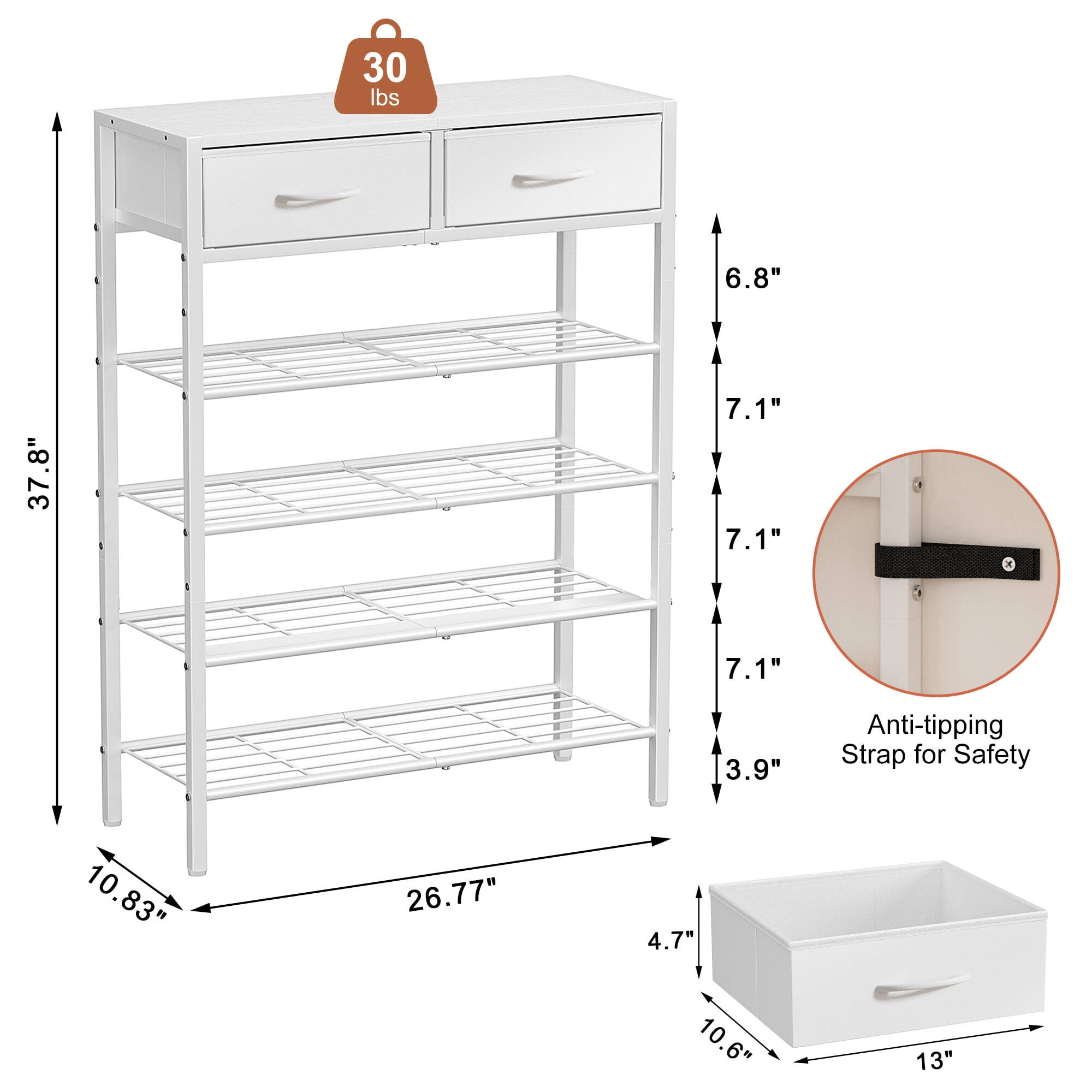 BGTREND 5-Tier Shoe Rack Organizer with Wooden Top and 2 Fabric Drawers, Shoe Stand Shelf for Entryway Hallway, White