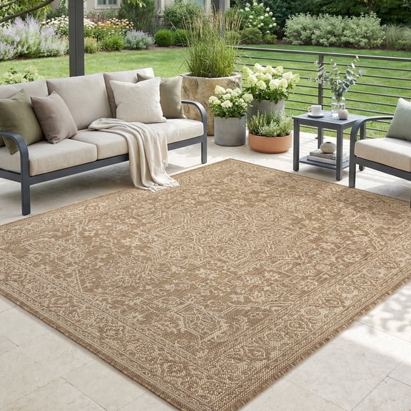 SIXHOME 8'x10' Outdoor Rug, Farmhouse Medallion Patio Rug, Indoor Outdoor Polypropylene Weave Textured Carpet, Water-Resistant, Quick-Dry Rug for Porch, Balcony, RV, Garden, Neutral Brown