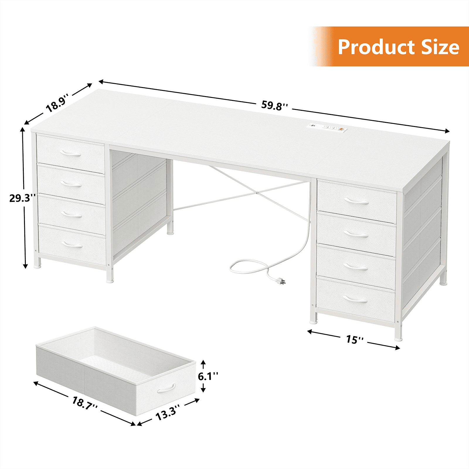 60 Inch Computer Desk with 8 Drawers, Home Office Desk with Power Outlets, Work Study Gaming Desk with 8 Fabric Drawers, White