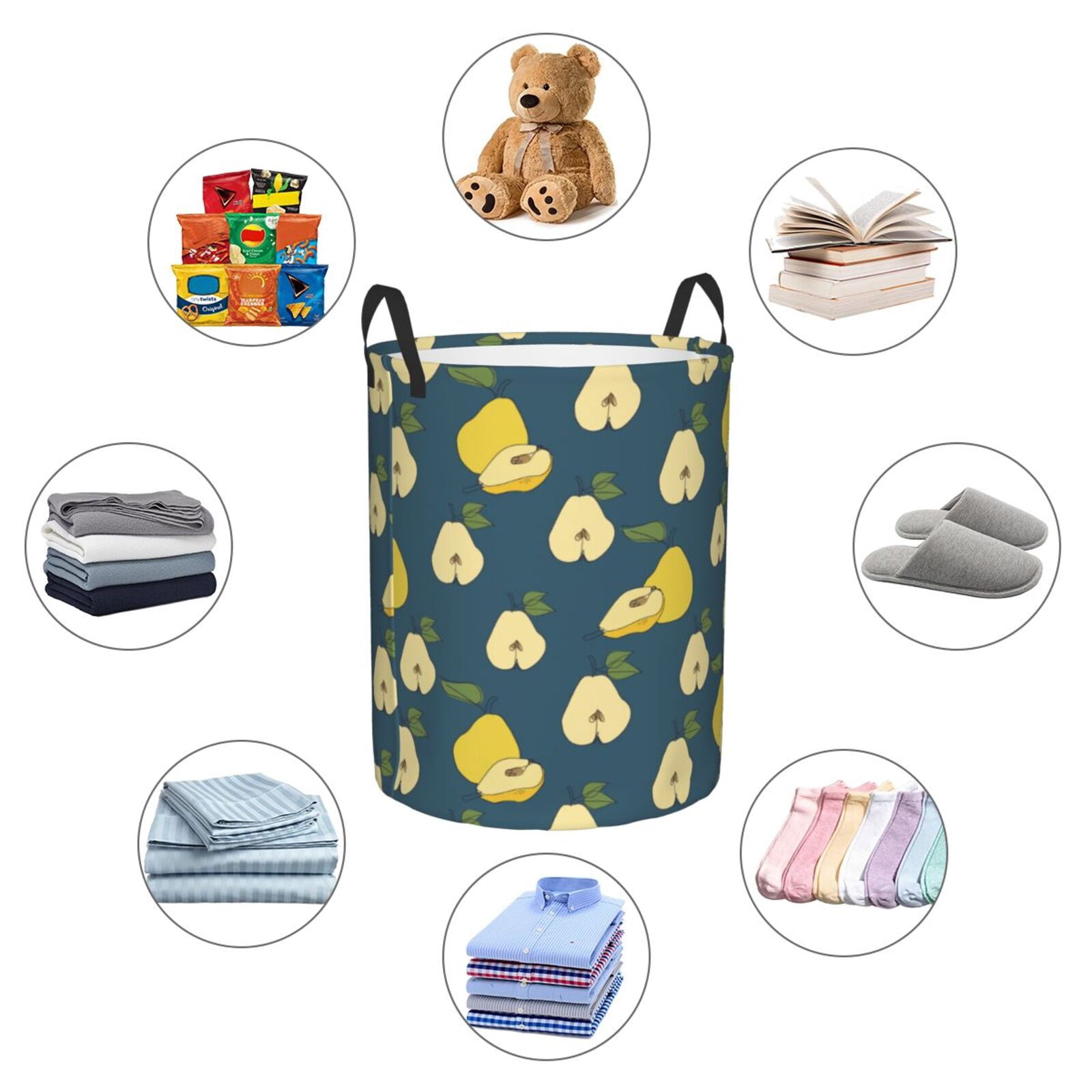 Large Laundry Basket with Handles - Cute Pear Green Leaves Blue Kids Baby Dirty Clothes Laundry Hamper for Bedroom Aesthetic