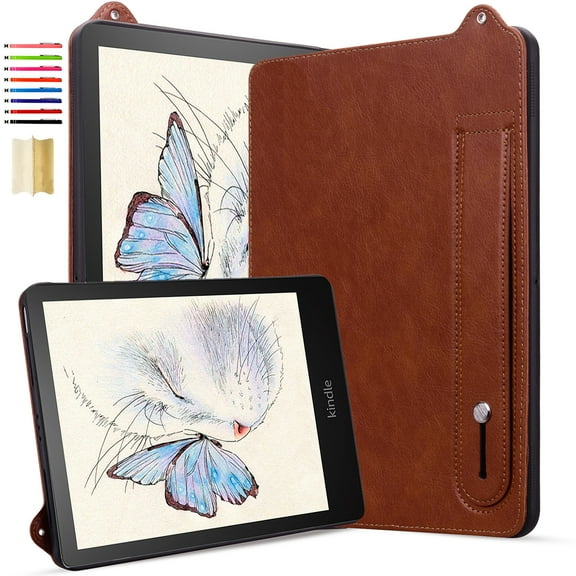 Feishell Case with Stand for Kindle Paperwhite 12th Gen 2024 Released (7") & Kindle Colorsoft Signature Edition - Durable PU Leather Cover with Auto Sleep Wake, Card Slot, Hand Strap Feature,Brown