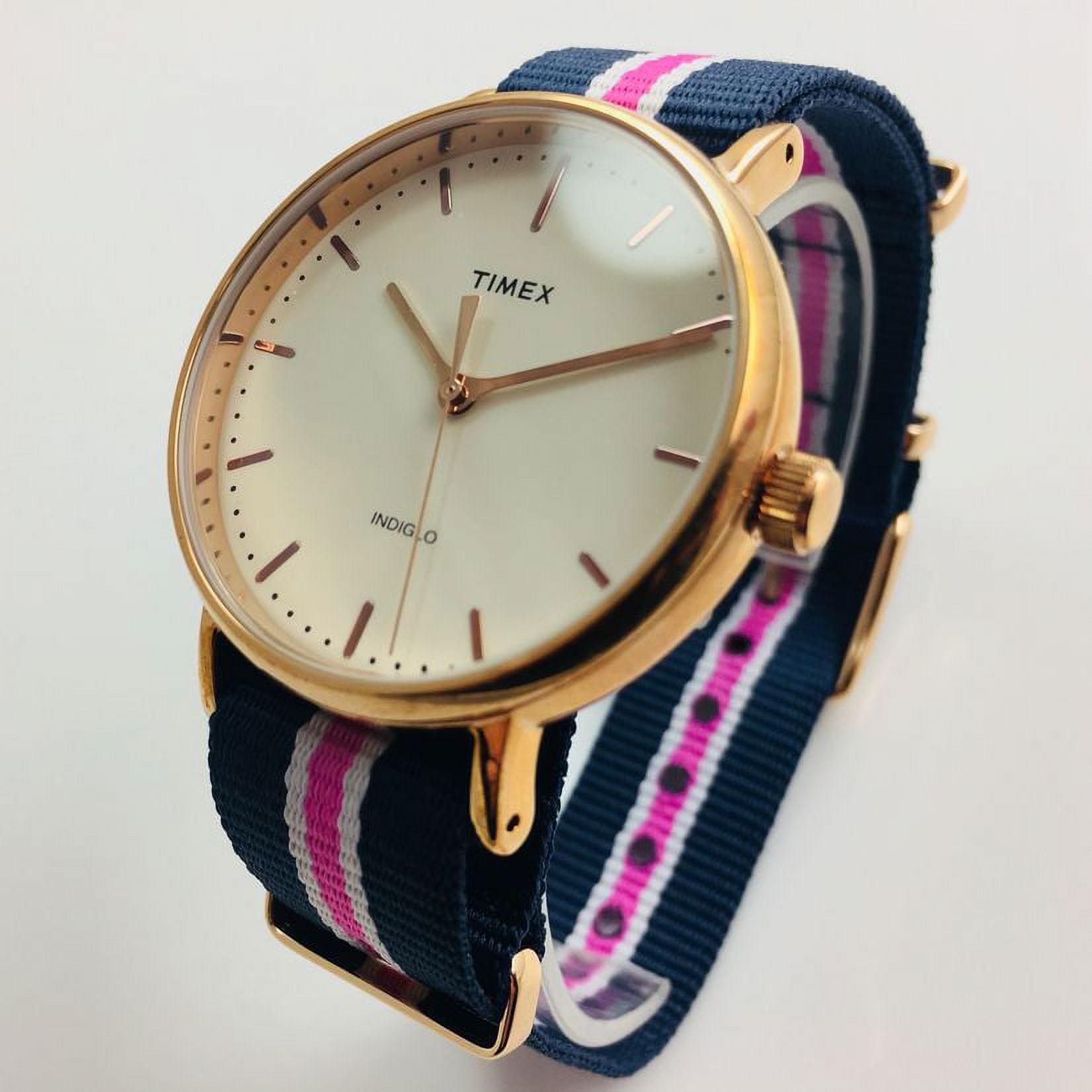 Timex Fairfield TW2P91800 Gold Tone Watch Nylon Pink Green NATO Strap New Women main image 2