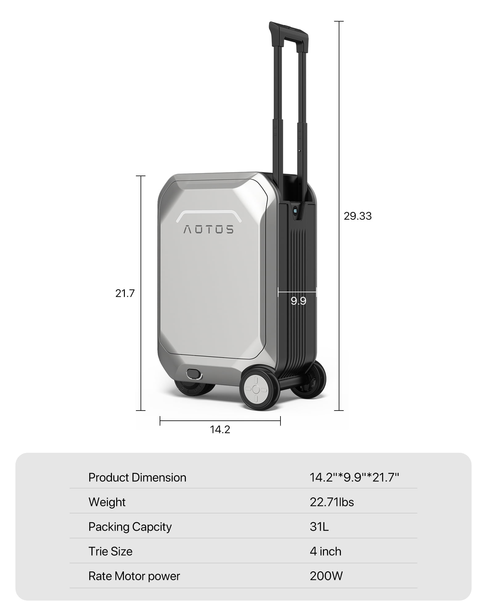 AOTOS Smart Rideable Carry-On Luggage, 22 Inch TSA-Approved Hardshell Cabin Suitcase, Zipperless Design with Rolling Wheels & App Control for Travel, Silver