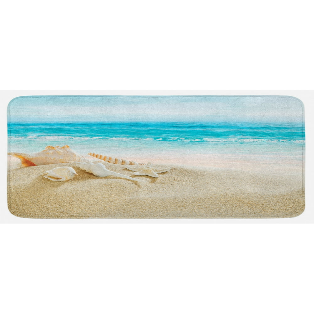 Seashells Kitchen Mat, Pastel Toned Beach Scene and Waves Summer Season
