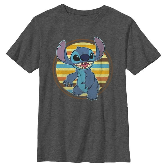 Boy's Lilo & Stitch Retro Striped Circle Stitch  Graphic Tee Charcoal Heather X Large