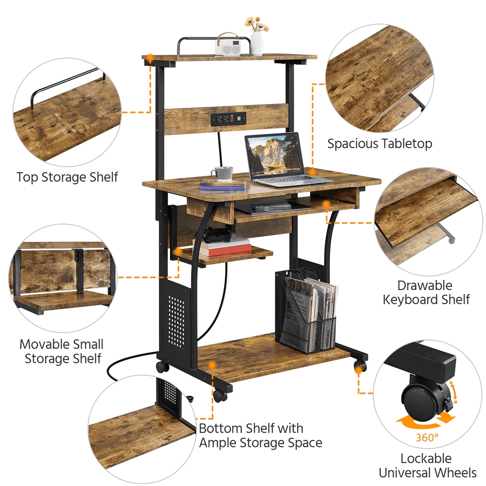 Alden Design 3 Tiers Computer Desk with Charging Station Printer Shelf for Home Office, Rustic Brown