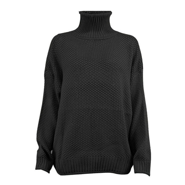 Gibobby Suéteres mujer, Suéter Ligero y Liso de Cuello Alto Camiseta para Mujer(Negro,XG)
