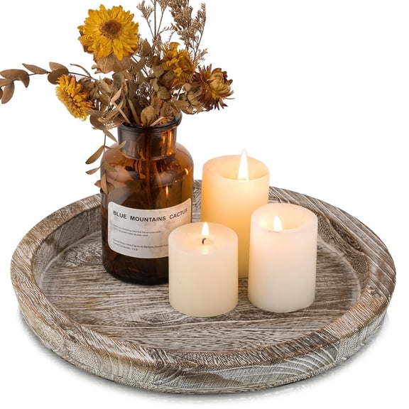 Hanobe Rustic Candle Plate Holder Tray: Round Wooden Decorative Tray, Farmhouse Wood Pillar Candle Holder Trays Kitchen Counter Dining Table Centerpiece