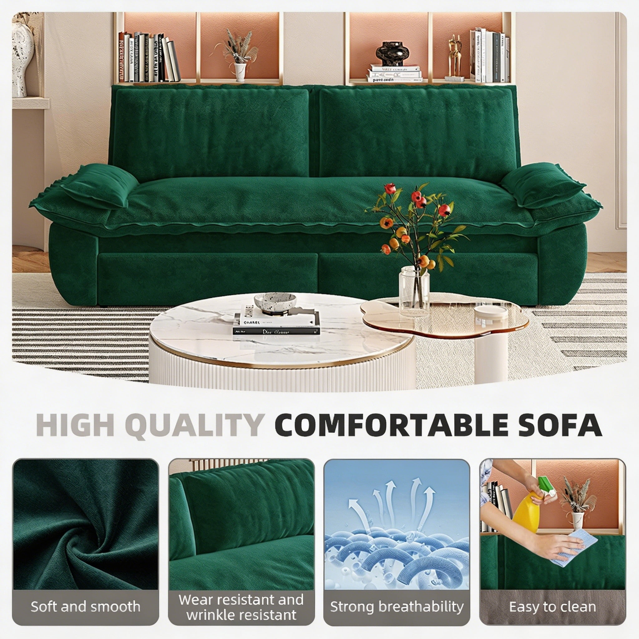 Multi-Functional Velvet 3-in-1 Convertible Sofa Bed, Queen Size Sleeper Loveseat with 2 Pillows, Green