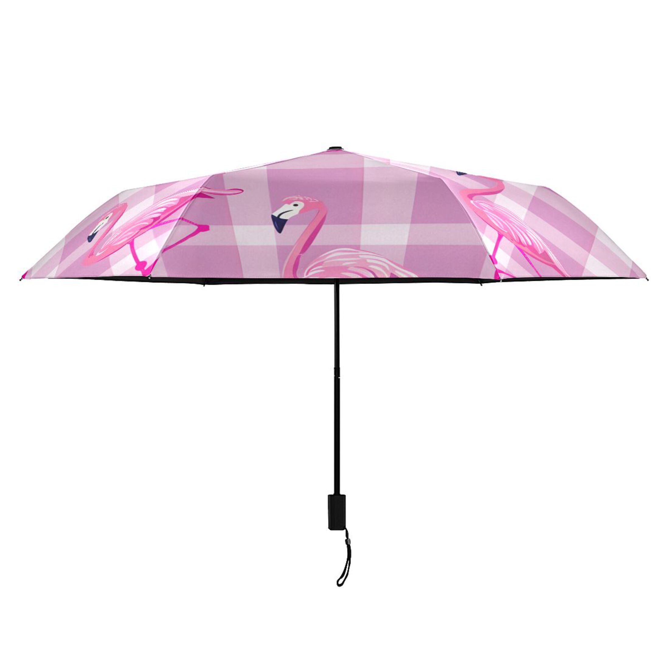 Standing Flamingos All Weather Umbrella Triple Folding Parasol 6 Ribs UV Protection Portable