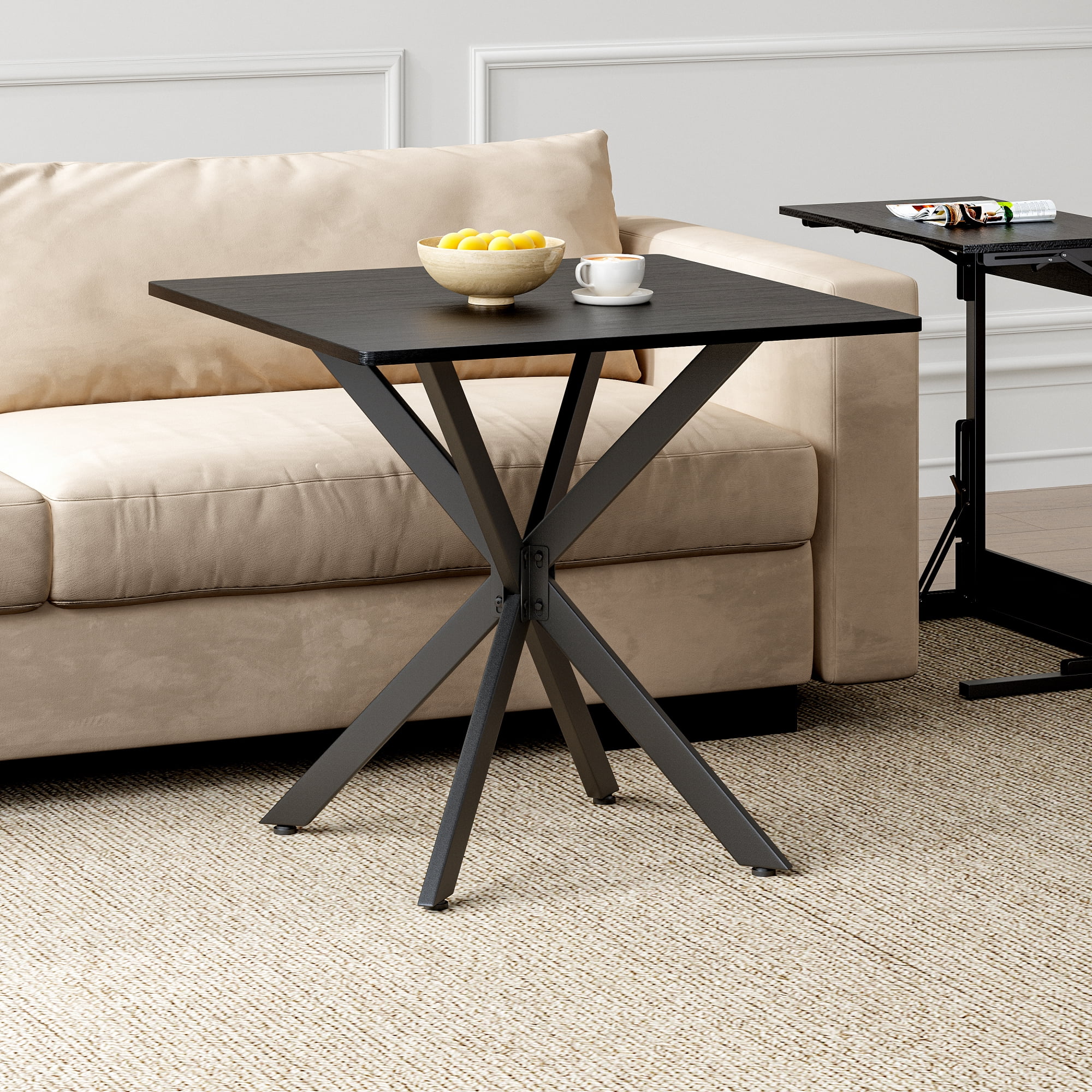 Leumius Rustic Square Side Table, X-Frame Metal Legs with Wood Grain Tabletop, Industrial Accent End Table for Living Room Bedroom Home Office Balck