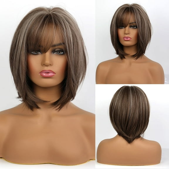 Short Bob Hair Wigs Straight with Flat Bangs Synthetic Colorful Cosplay Daily Party Wig for Women Natural As Real Hair (Brown)