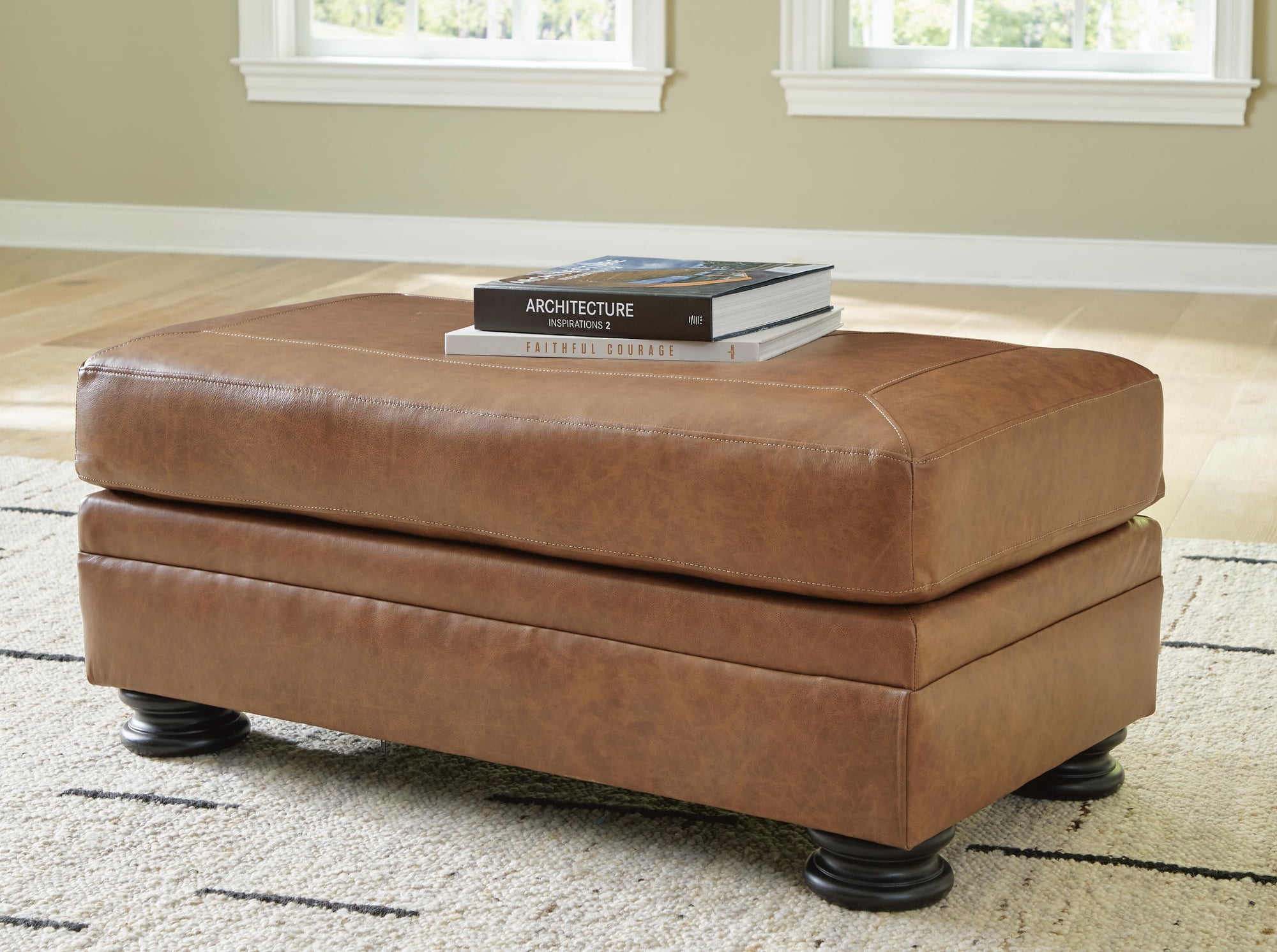 Signature Design by Ashley Traditional Carianna Leather Ottoman, Caramel
