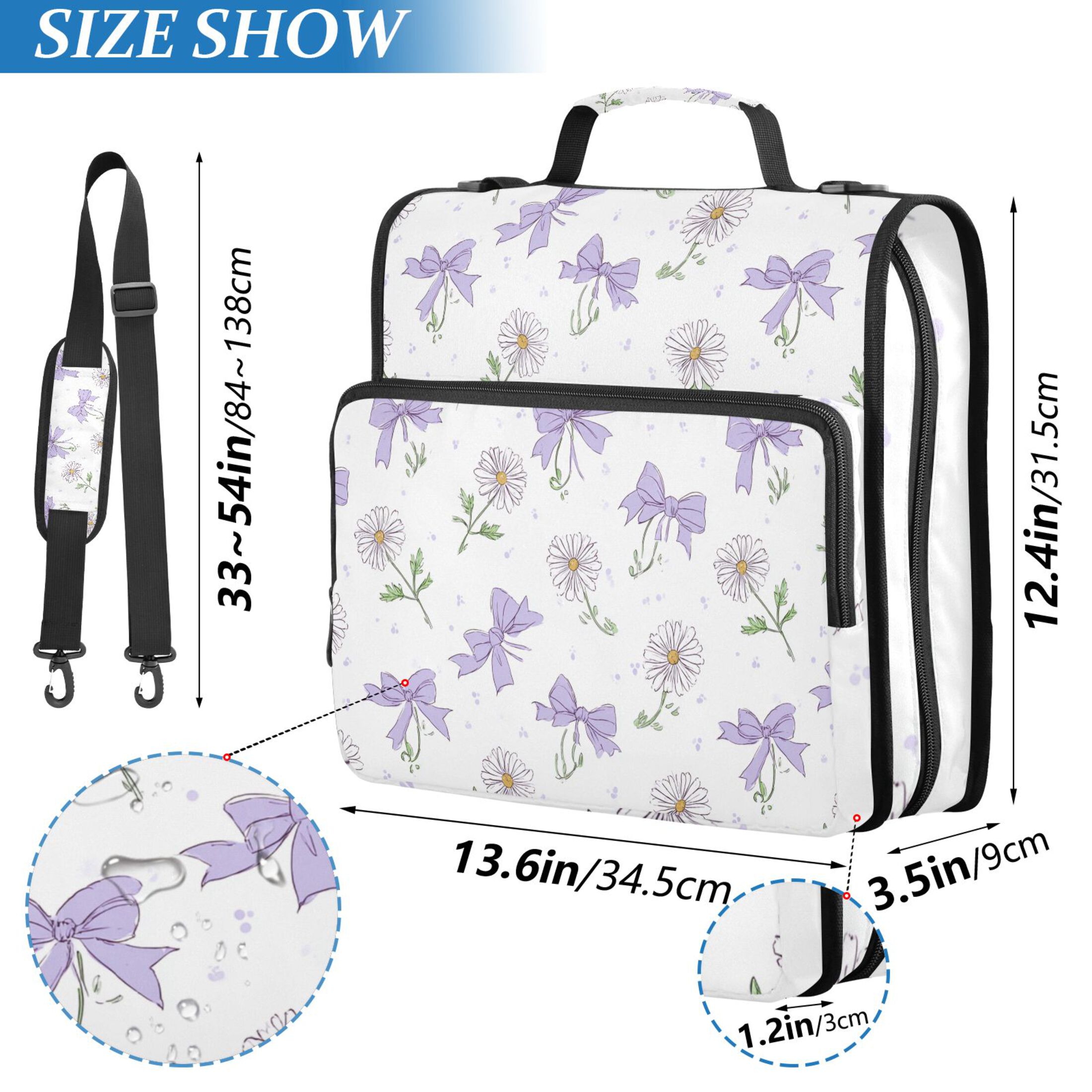 Zipper Binder Purple Bows and White Daisy 1.5 Inch Binder Folder Bag with Shoulder Strap and Handle