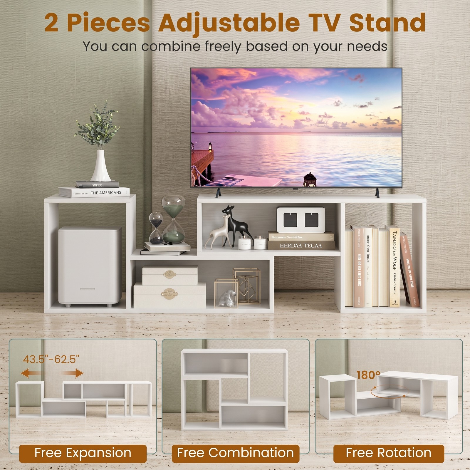 Furnibear 2 Piece Adjustable TV Stand for TVs up to 55 Inch, Expandable Entertainment Center with Open Storage Cubes, Modern Wood Media Console for Living Room, White