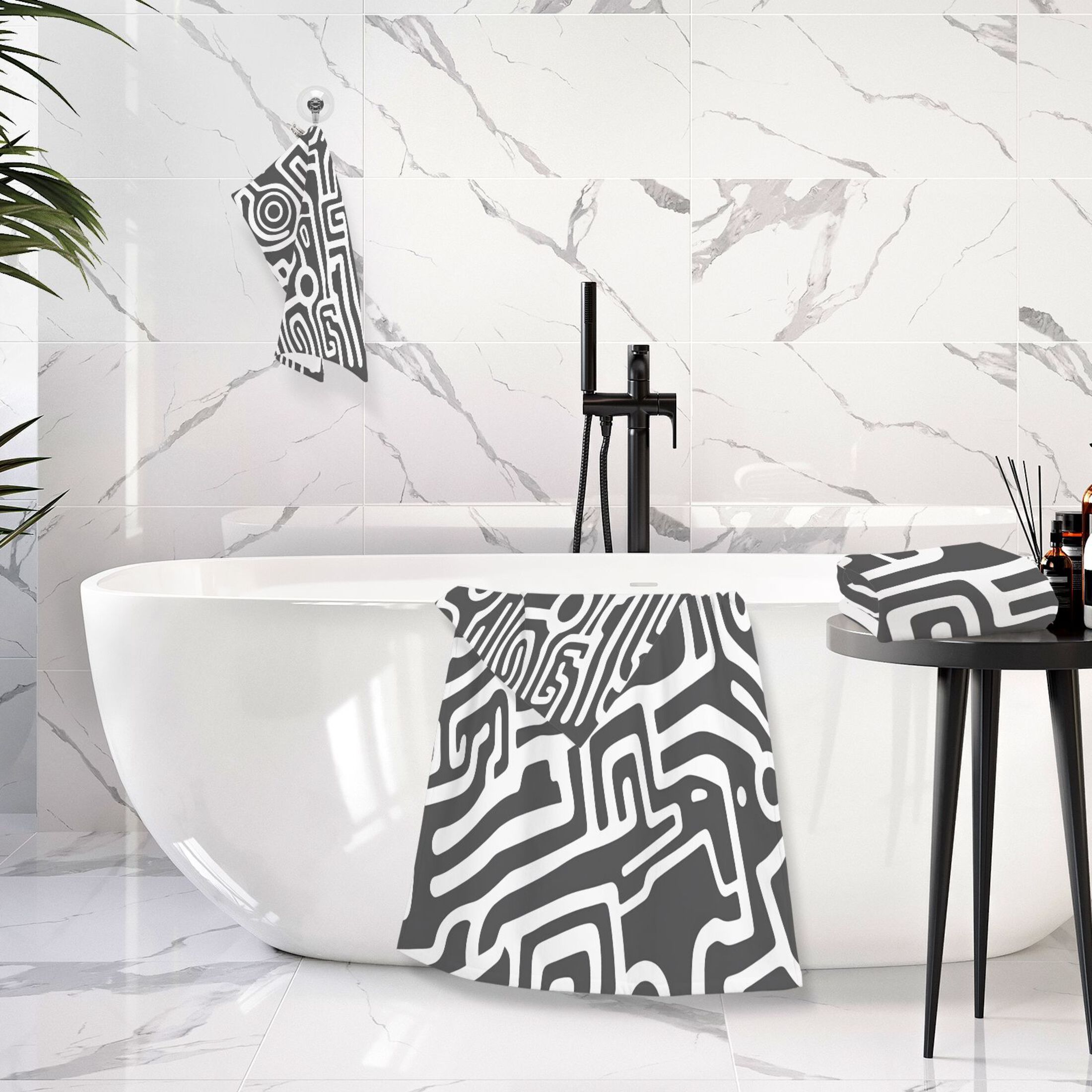 Minimalist Black and White Lines 2 Piece Cotton Bath and Face Towel Set Soft and Absorbent, for Beach Pool Bathroom