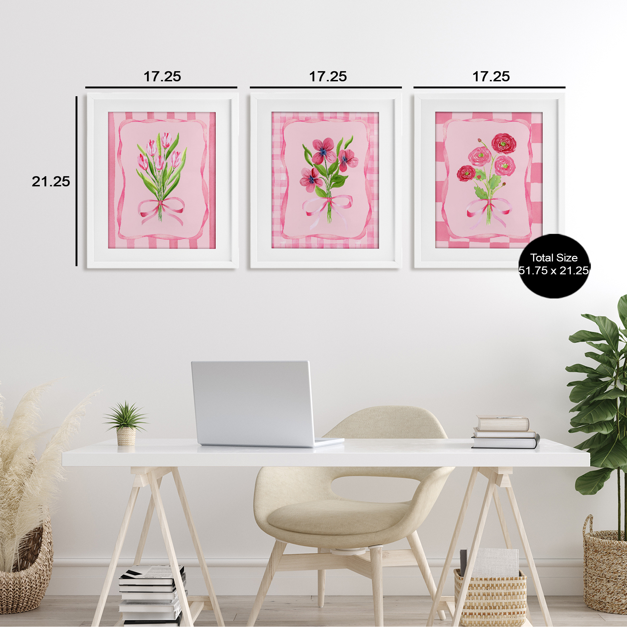 Pretty & Sweet Bordered Flowers 3 Piece White Framed Print Under Glass Set, design by Nina Jacobs