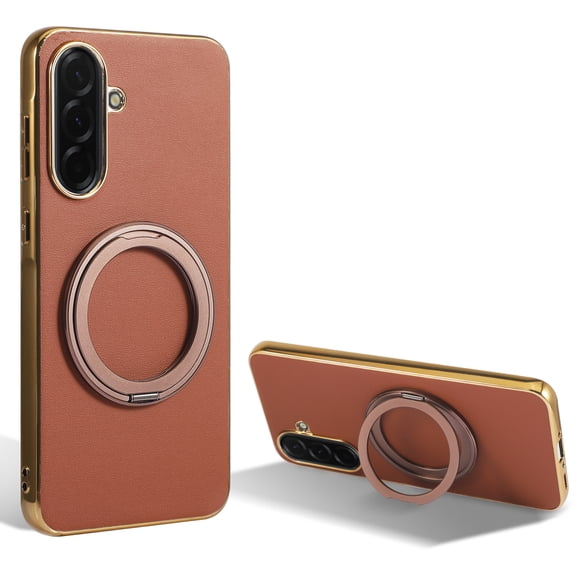 Ring Stand for Samsung Galaxy A36 5G Case, [Magnetic Compatible with Mag-Safe & Support Car Mount] Shockproof Plating Frame PU Leather Phone Case, Rotatable Stand Cover for Galaxy A36 5G, Brown