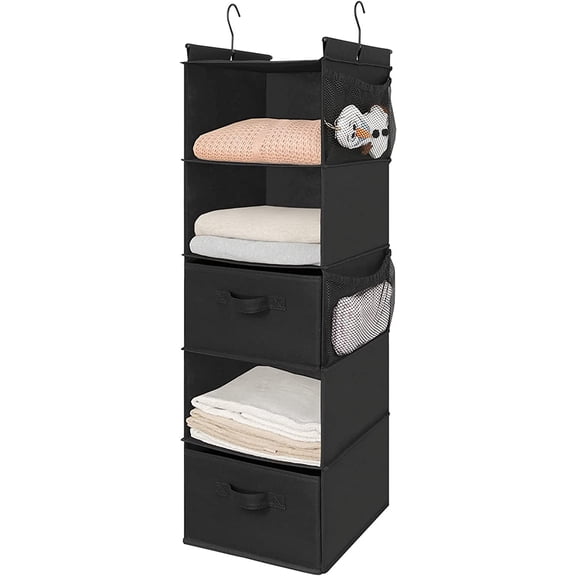MAX Houser 5 Tier Shelf Hanging Closet Organizer, Cloth Hanging Shelf with 2 Drawers for Storage, Foldable (Black)