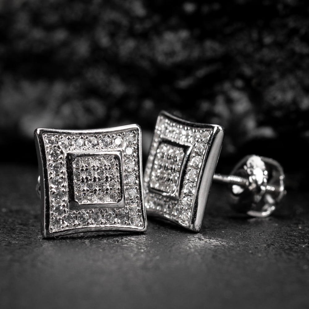 Men’s Square White Gold 925 Sterling Silver Screw Back Post  Micro Pave 3D Iced 5A Cz Hip Hop Stud Earrings