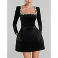 thumbnail image 6 of Women's Velvet Bodycon Midi Dresses Elegant Long Sleeve Square Neck Ruffle Hem Cocktail Party Dress Black S, 6 of 10