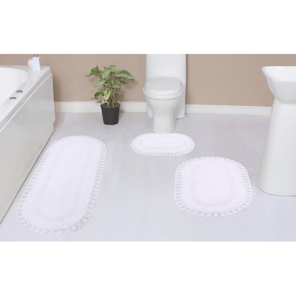 Home Weavers Hampton Crochet Bath Mat 100% Cotton Reversible Bathroom Rug Set Machine Washable Bathroom Rug-17"x24", Bath Rug- 21"x34", Runner- 21"x54", White Color 3 Piece Bath Rug set
